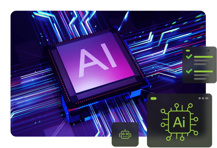 AI consulting services hero image showing an AI processor chip with neon blue data streams and icons for chatbot integration, AI architecture, and task automation.