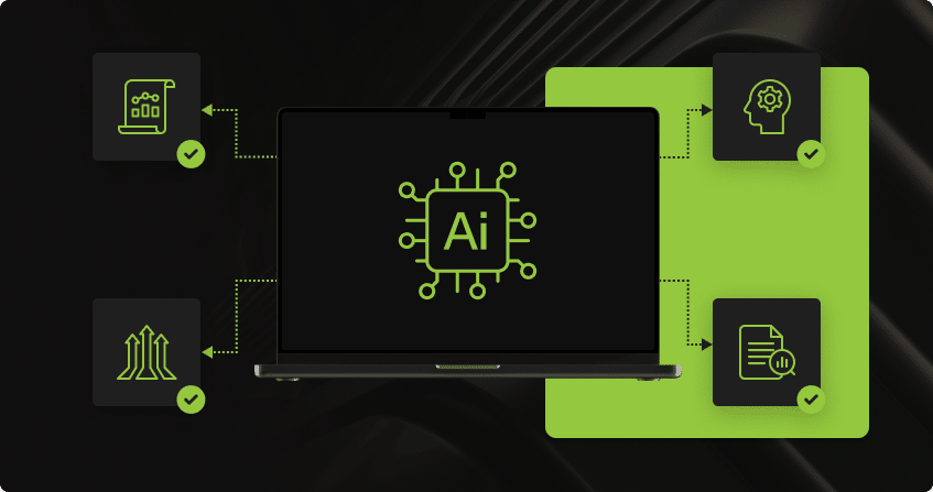 ai consulting architecture diagram showing a central ai processor connected to reporting, automation, analytics, and content workflows.