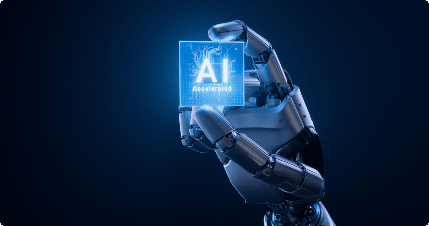 robotic hand holding an illuminated ai processor chip against a dark background, representing artificial intelligence consulting and implementation.