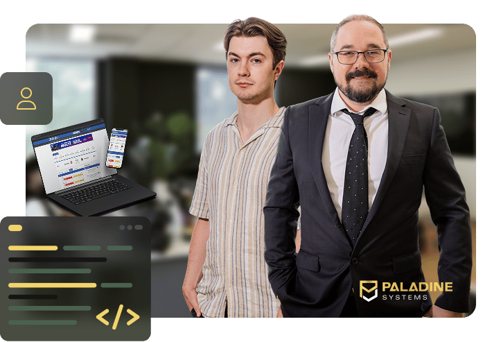 Two members of the Paladine Systems team standing in the Click Click Media office with a CRM interface on laptop and mobile mockups, code editor screenshots, and the Paladine Systems logo, with icons for user management and development.