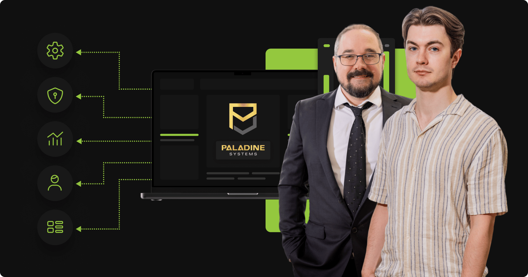 two members of the paladine systems team standing beside a laptop displaying the paladine systems logo, with icons for settings, security, analytics, user management, and integrations connected by a system architecture flow.