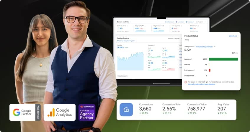 two members of the click click media analytics team with semrush domain analytics dashboard showing authority score, organic traffic and keyword data, google merchant center product status showing 5720 total products, and conversion metrics showing 3660 conversions at 2.66 percent conversion rate with 758977 in conversion value, with google partner, google analytics, and semrush agency partner logos.