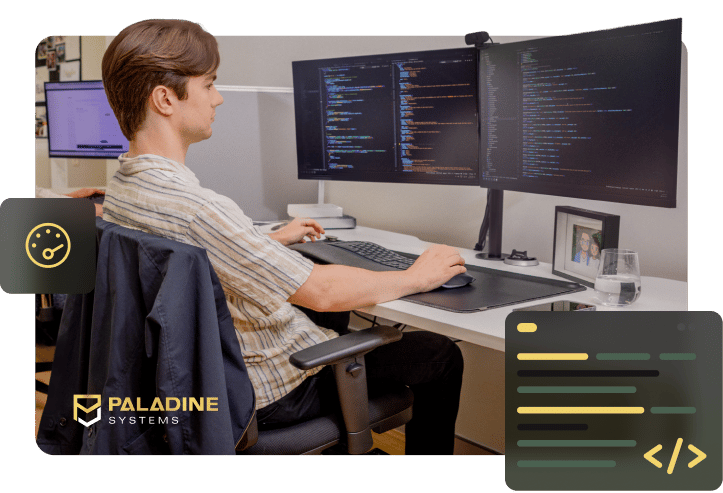 A Paladine Systems developer working at a dual-monitor workstation with code displayed across both screens, with performance, code editor icons, and the Paladine Systems logo overlaid.