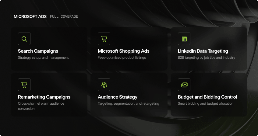 six microsoft ads service cards covering search campaigns, microsoft shopping ads with feed-optimised product listings, linkedin data targeting by job title and industry, remarketing campaigns, audience strategy with segmentation and retargeting, and budget and bidding control.