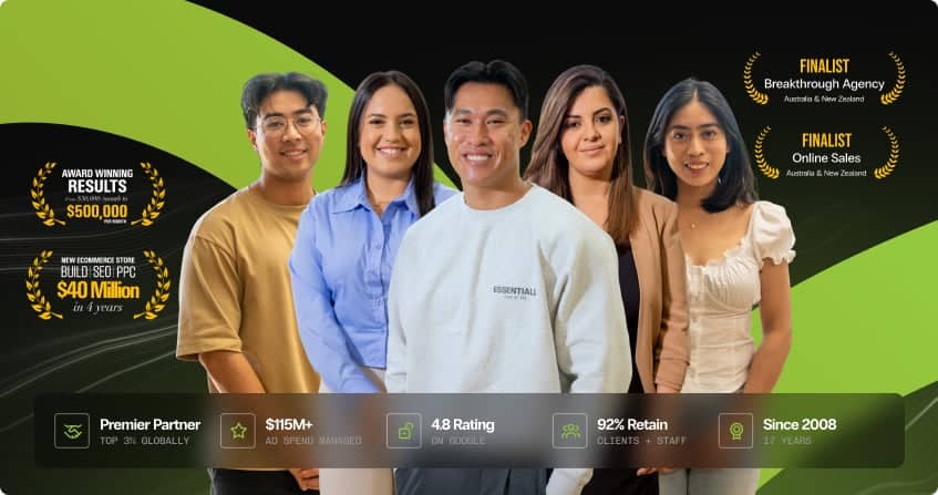 five members of the click click media team standing together with award finalist badges for breakthrough agency and online sales australia and new zealand, and a credential bar showing premier partner, 115 million in ad spend, 4.8 google rating, 92 percent retention, and 17 years experience since 2008.