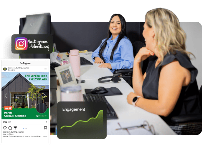 Two team members in a meeting room with an Instagram advertising sponsored post for Blacktown Building Supplies showing vertical cladding, an engagement trend chart, and the Instagram logo.