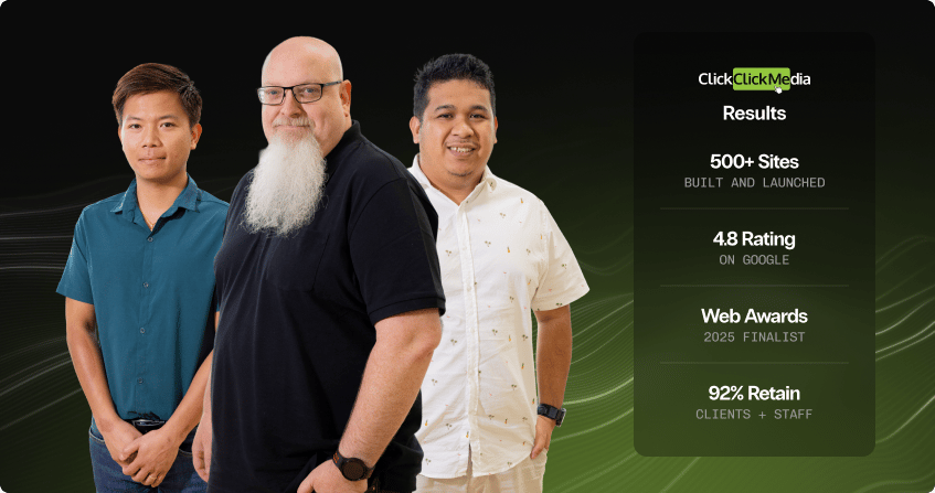 three members of the click click media php development team standing together, with a results panel showing 500 plus sites built, 4.8 google rating, web awards 2025 finalist, and 92 percent retention.