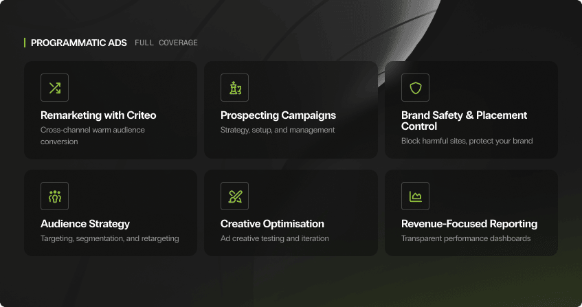 six programmatic ad services in card format: remarketing with criteo, prospecting campaigns, brand safety and placement control, audience strategy, creative optimisation, and revenue-focused reporting.