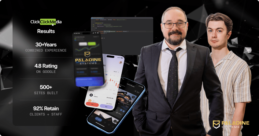 paladine systems vibe code rescue team with credentials showing 30 plus years combined experience, 4.8 google rating, and 92 percent client and staff retention.