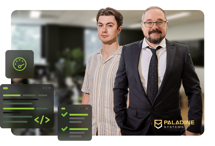 Two members of the Paladine Systems vibe code rescue team standing in the Norwest office with code review and performance monitoring icons and the Paladine Systems logo.