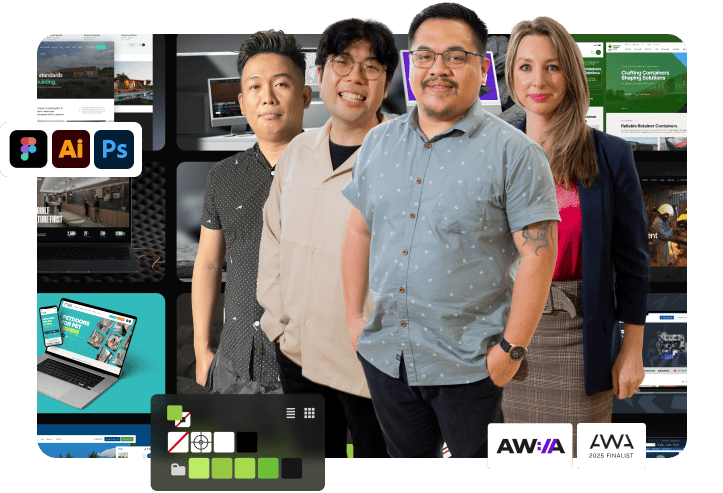 Four Click Click Media web design team members standing in front of a collage of completed website projects with Figma, Illustrator, and Photoshop tool icons on the left and AWIA and Australian Web Awards 2025 Finalist badges on the right, with a green colour palette swatch at the bottom.