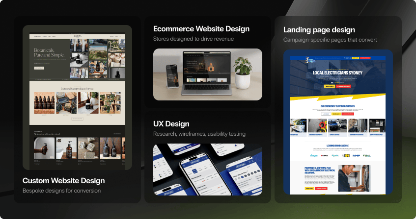 dark card-style grid showing four web design services: custom website design with a product brand site example, ecommerce website design with a laptop and phone mockup, ux design with a mobile device display, and landing page design with an electrician service page example.