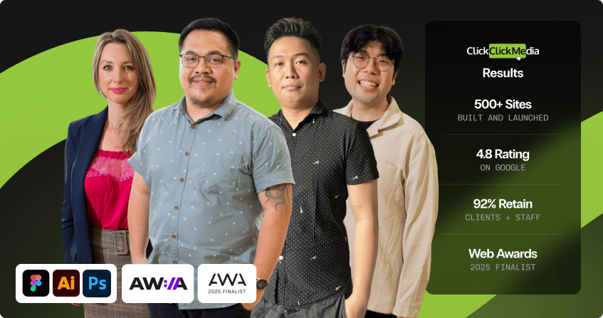 four web design team members standing together with figma, illustrator, and photoshop icons on the left, awia and australian web awards 2025 finalist badges below, and a results panel showing 500 plus sites built, 4.8 rating on google, 92 percent retention, and web awards 2025 finalist.
