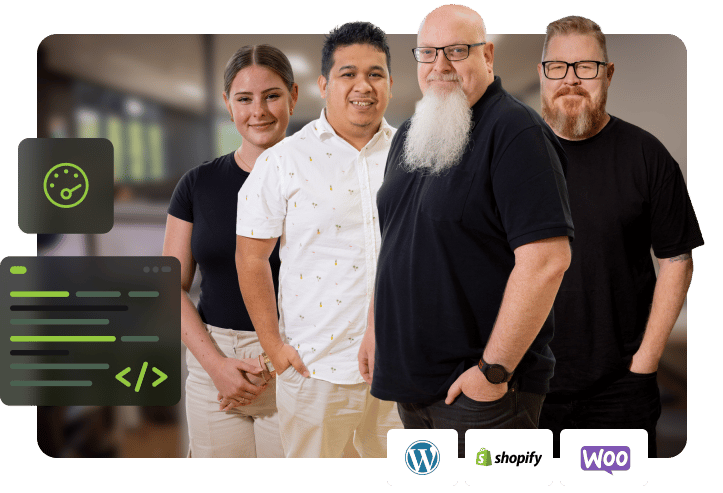Four Click Click Media web development team members standing together with a performance dashboard icon and code editor graphic on the left, and WordPress, Shopify, and WooCommerce platform logos along the bottom.
