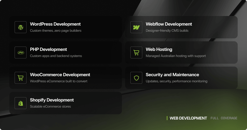 seven dark cards in a grid layout under the heading web development full coverage, showing wordpress development with custom themes and zero page builders, webflow development with designer-friendly cms builds, php development with custom apps and backend systems, web hosting with managed australian hosting, woocommerce development with wordpress ecommerce built to convert, security and maintenance with updates and performance monitoring, and shopify development with scalable ecommerce stores.