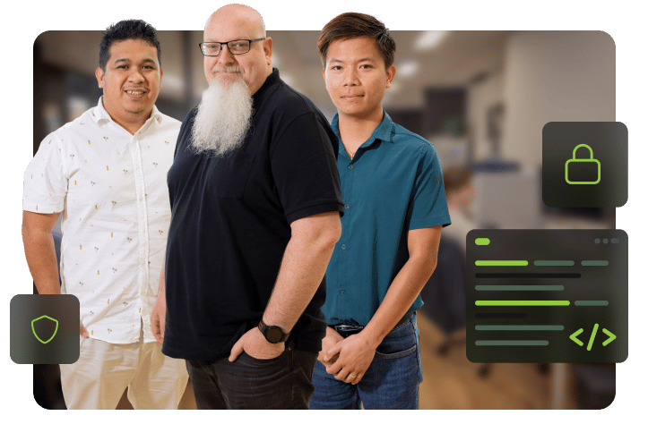 Three members of the Click Click Media web maintenance team standing together in the Norwest office with security shield, padlock, and code icons overlaid.