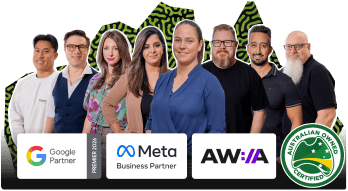 team photoshoot, senior staff members, cta image inviting to see if we're a fit.