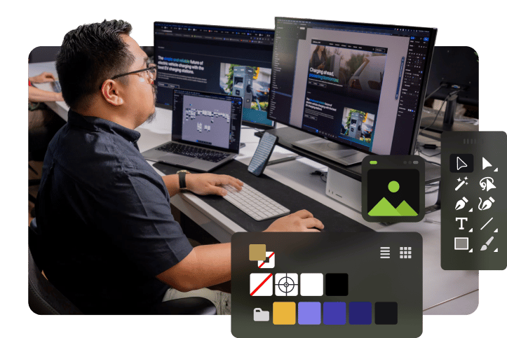 Office photoshoot showing custom landing page design, photo contains Jose.