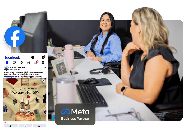 Two Meta Ads specialists sitting together at a desk discussing campaign strategy, with a Facebook icon, a live Facebook ad creative showing a promotional offer, and a Meta Business Partner badge overlaid.