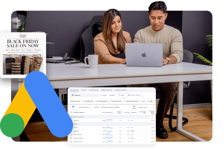 Adriel & Amanda senior certified Google Ads experts working together. Google Ads agency office picture.