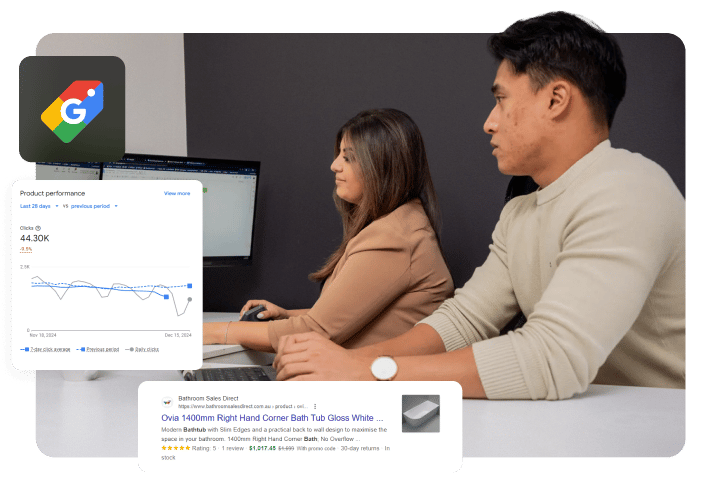 Two Google Shopping specialists reviewing product performance data showing 44,300 clicks on a laptop screen, with a Google Shopping icon and a live product listing result overlaid.