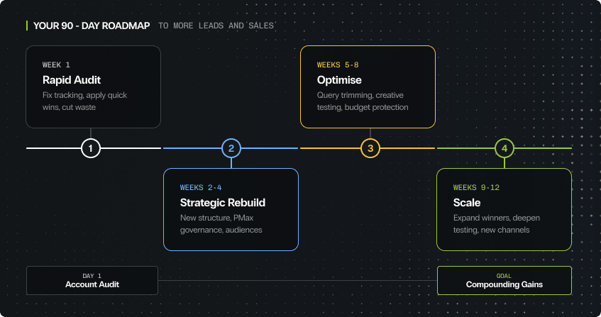 four-phase horizontal timeline showing the 90-day google ads roadmap from rapid audit and quick wins through strategic rebuild, optimisation, and scaling proven campaigns.