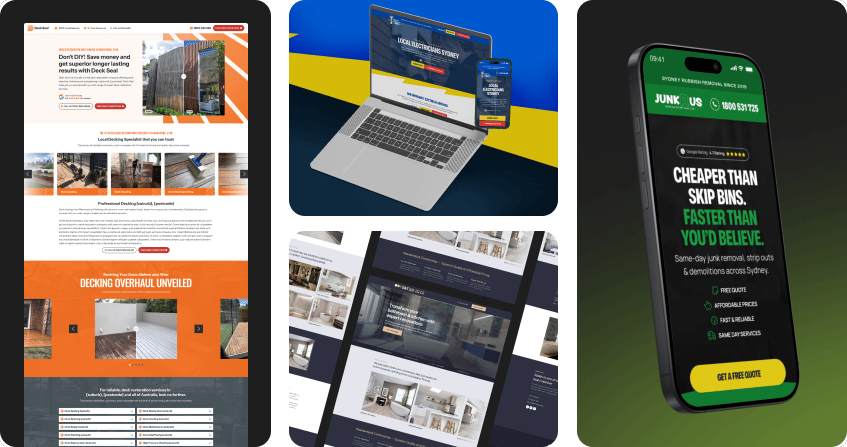 three custom landing page designs on device mockups: a commercial plumbing service page with booking form and trust badges, a premium wine brand product page with bold visuals and storytelling layout, and a financial services lead generation page with eligibility form and compliance markers.