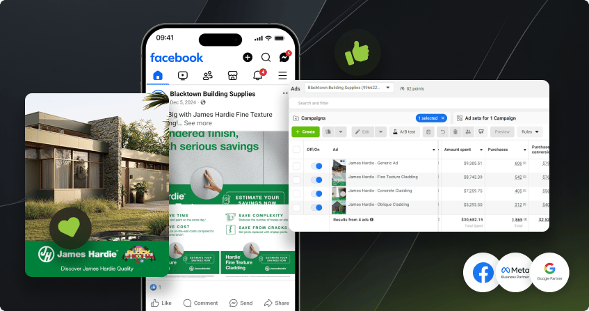 collage of facebook ad campaigns managed by click click media showing a blacktown building supplies sponsored post for james hardie cladding products with campaign manager data showing ad spend and purchase conversions across four ad variants totalling over 30000 dollars in spend with 1865 purchases, alongside facebook, meta business partner, and google partner logos.