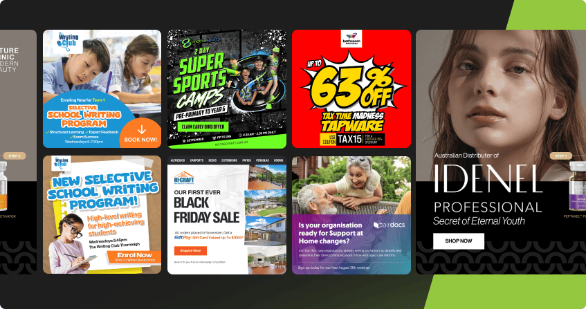 grid of display ad creative examples managed by the agency including school program enrolments, sports camp promotions, bathroom retail sale banners, home improvement offers, aged care communications, and beauty product campaigns across various formats.