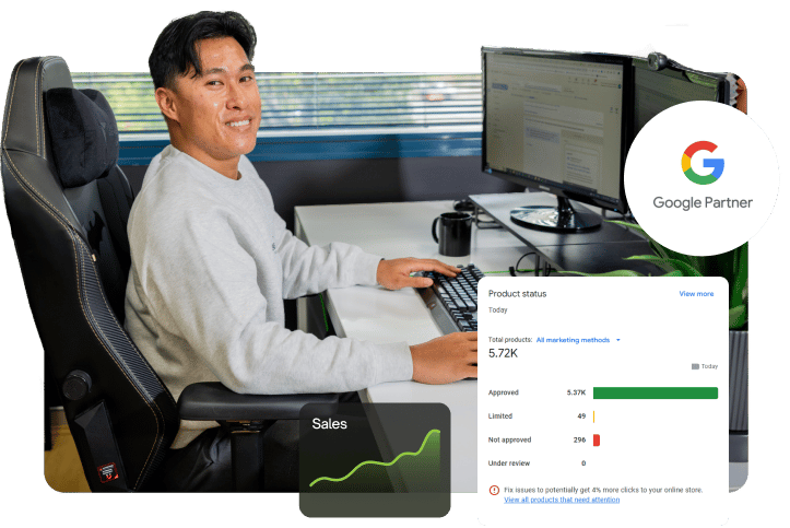 Adriel, senior PPC manager, office photoshoot, display ad work examples.