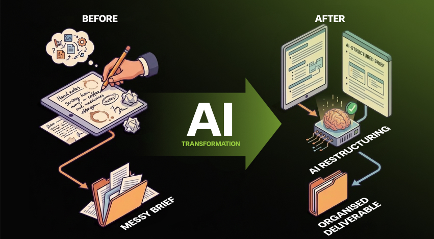 ai transforming a messy brief into a structured marketing deliverable