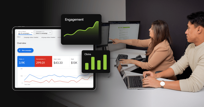 actively reviewing a google ads account, showing ppc services in actions, featuring amanda and adriel.