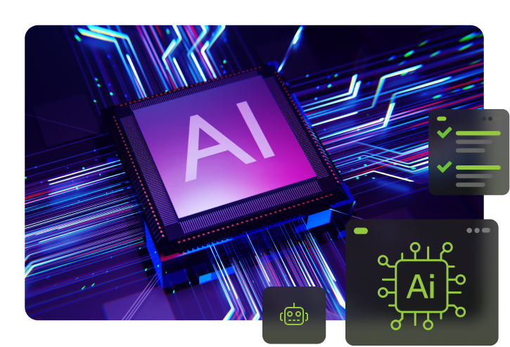 ai consulting services hero image showing an ai processor chip with neon blue data streams and icons for chatbot integration, ai architecture, and task automation.