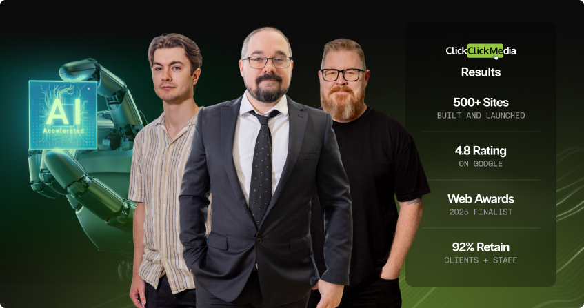 three members of the click click media ai consulting team with a robotic arm holding an ai accelerated chip, alongside a results panel showing 500 plus sites built, 4.8 google rating, web awards 2025 finalist, and 92 percent client and staff retention.