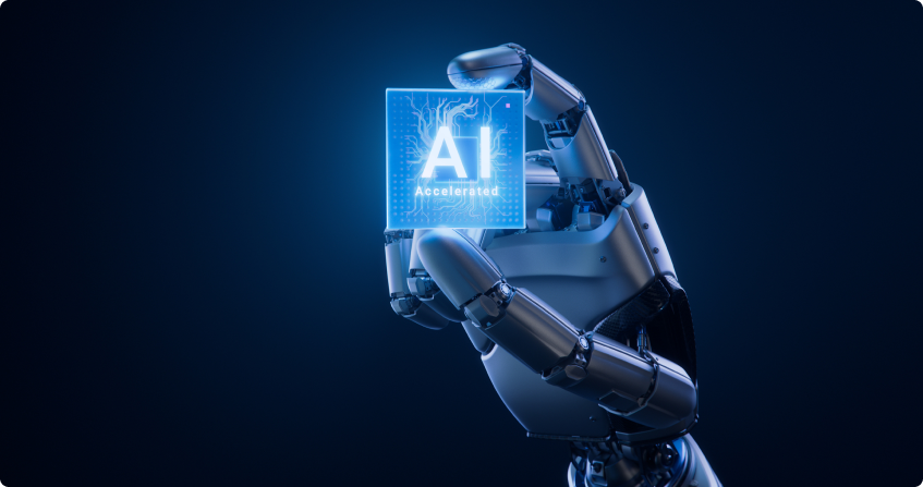 robotic hand holding an illuminated ai processor chip against a dark background, representing artificial intelligence consulting and implementation.