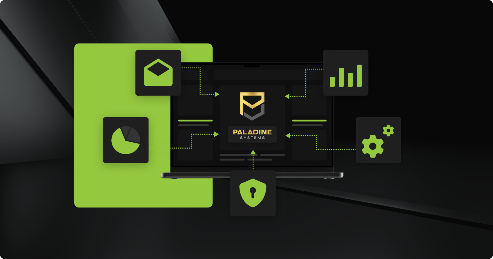 a custom crm platform displayed on a laptop with the paladine systems logo, connected by architecture lines to icons for email, analytics, pie chart reporting, bar chart dashboards, and settings configuration.