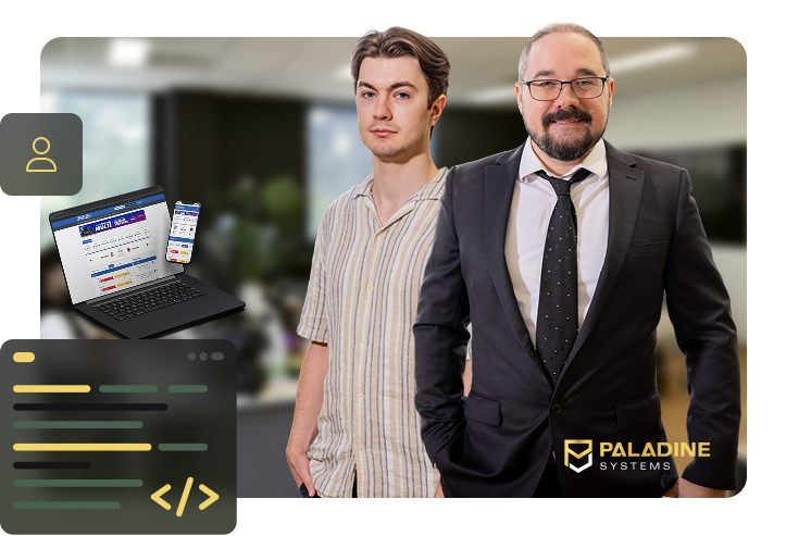 two members of the paladine systems team standing in the click click media office with a crm interface on laptop and mobile mockups, code editor screenshots, and the paladine systems logo, with icons for user management and development.