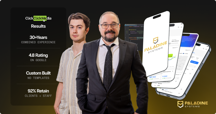 two members of the paladine systems team standing together with mobile app mockups showing a custom crm interface with financial data and booking screens, alongside a results panel showing 30 plus years combined experience, 4.8 google rating, custom built with no templates, and 92 percent client retention, with the paladine systems logo.