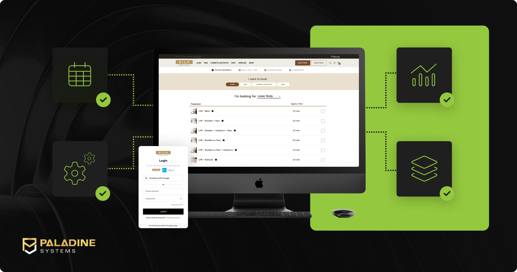 a custom booking system and login portal built for a national laser clinics brand, displayed on an imac with treatment selection, category filters, and google authentication, with the paladine systems logo and icons for settings, integrations, and data management.