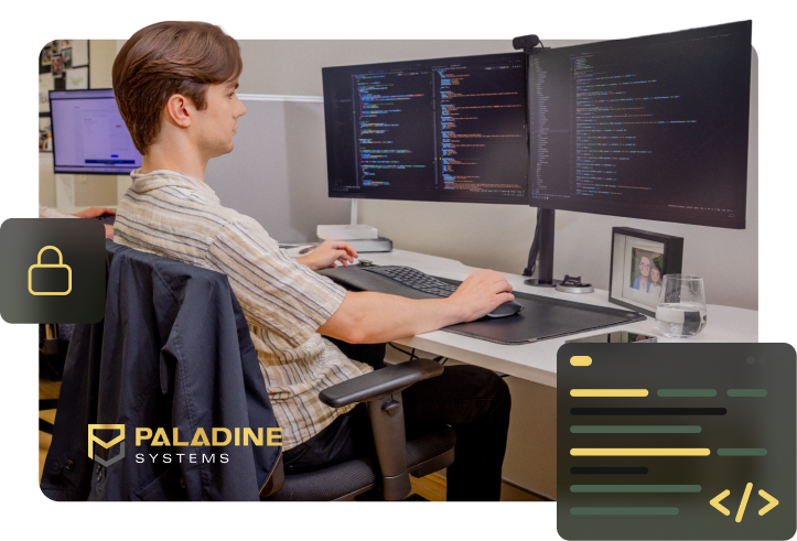 a paladine systems developer working at a dual-monitor workstation with code displayed across both screens, with security padlock and code editor icons overlaid and the paladine systems logo.