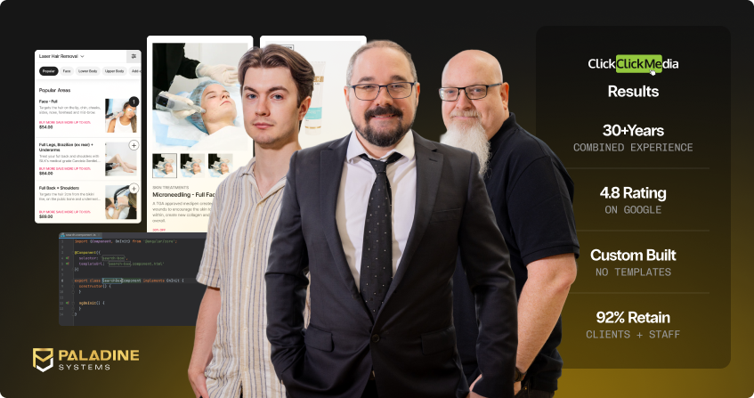three members of the paladine systems and click click media team standing together with screenshots of a custom booking system and code editor, alongside a results panel showing 30 plus years combined experience, 4.8 google rating, custom built with no templates, and 92 percent client retention, with the paladine systems logo.