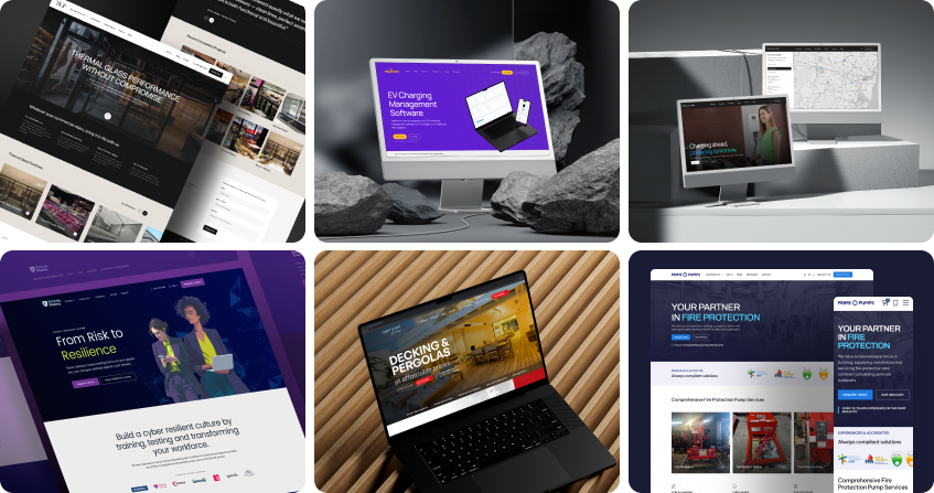 six completed custom website designs displayed on device mockups, including a thermal glass performance site, an ev charging management platform, a cyber resilience consultancy, a decking and pergolas business, and a fire protection services company.