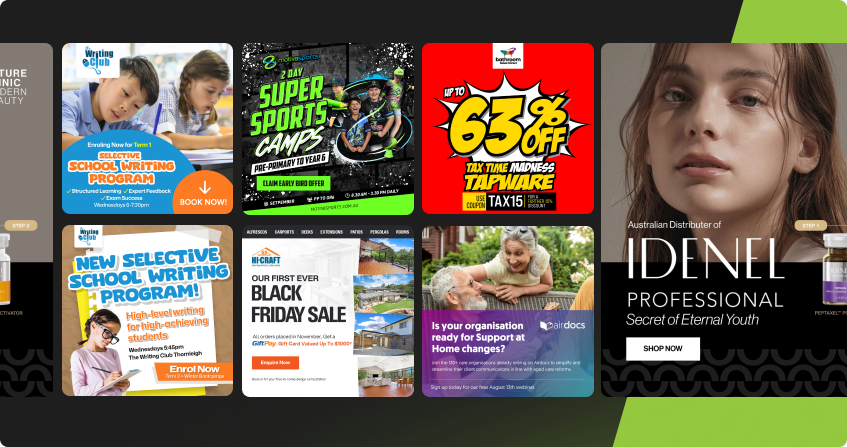 grid of display ad creative examples managed by the agency including school program enrolments, sports camp promotions, bathroom retail sale banners, home improvement offers, aged care communications, and beauty product campaigns across various formats.
