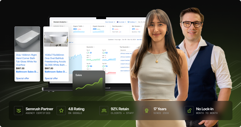 two click click media team members standing in front of semrush domain analytics screenshots showing 482 organic traffic, 499 organic keywords, and keyword ranking data alongside ecommerce product listings for bathtubs, with a credential bar showing semrush partner, 4.8 google rating, 92 percent retention, 17 years experience, and no lock-in.