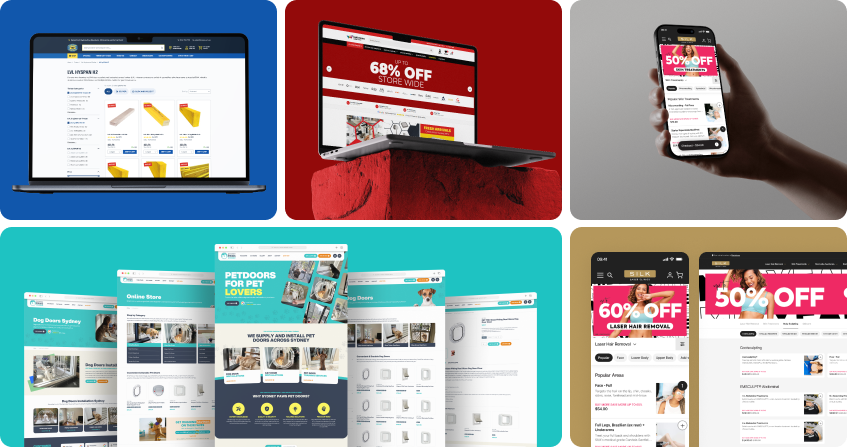 six completed ecommerce website designs shown on device mockups: a building supplies product listing, a pet accessories store with a 68 percent off promotion, a beauty clinic mobile booking app with a 50 percent off sale, a pet door supplier storefront, and a laser hair removal ecommerce site with promotional banners.