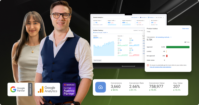 two members of the click click media analytics team with semrush domain analytics dashboard showing authority score, organic traffic and keyword data, google merchant center product status showing 5720 total products, and conversion metrics showing 3660 conversions at 2.66 percent conversion rate with 758977 in conversion value, with google partner, google analytics, and semrush agency partner logos.