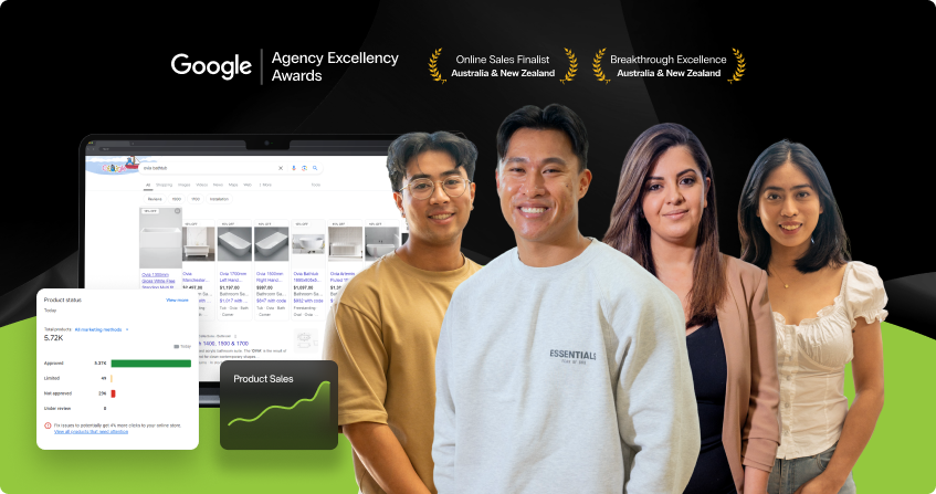 four click click media team members standing together with a google shopping product listing search result in the background, a merchant centre product status panel showing 5,720 approved products, a product sales trend line, and google agency excellence awards badges for online sales finalist and breakthrough excellence in australia and new zealand.