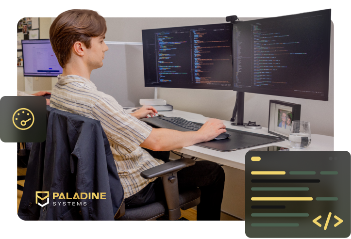 a paladine systems developer working at a dual-monitor workstation with code displayed across both screens, with performance, code editor icons, and the paladine systems logo overlaid.