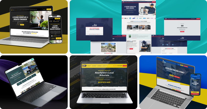 five locations plus client websites displayed across laptop and mobile mockups including a commercial cleaning company, it support provider, solar installer, arborist, and local electrician.