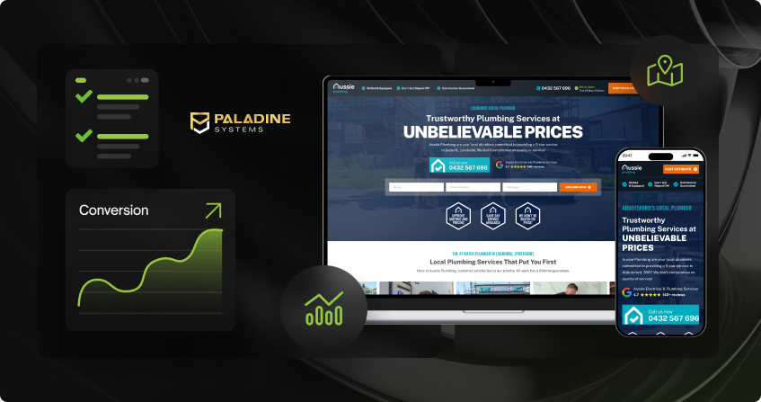locations plus platform showing a local plumbing landing page on desktop and mobile with paladine systems logo, conversion tracking chart, and seo verification indicators.